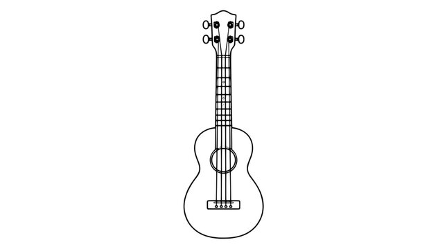 Minimalist line art vector icon illustration of a baritone ukulele with geared side tuning pegs, four strings, fretboard and sound hole isolated on white background for music design