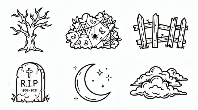 Black And White Line Art Spooky Nature Elements Collection Dead Tree Tombstone Moon


