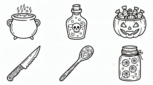 Black And White Line Art Halloween Kitchen Items Collection Cauldron Potion Bottle Candy Bowl

