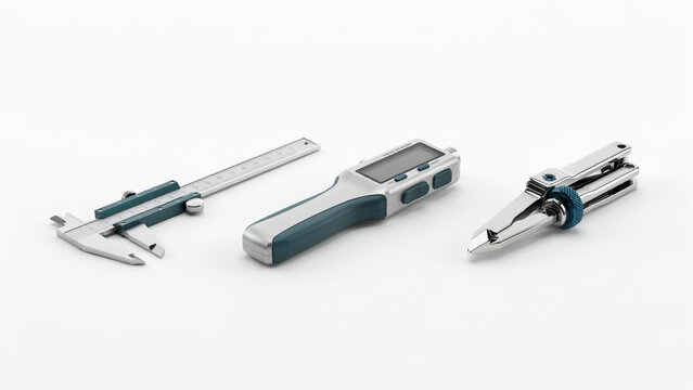 Three precision measuring tools including calipers and digital gauge on white background