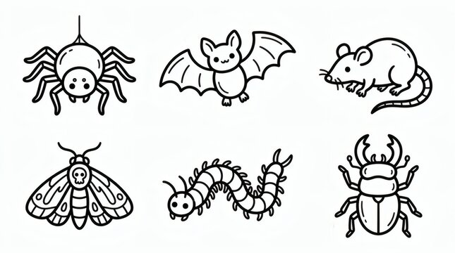Black And White Line Art Halloween Insects Critters Collection Spider Bat Rat Moth

