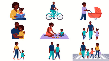 Fototapeta premium Black family lifestyle vector illustrations showcasing parent child activities, daily parenting routine and family bonding moments, concept for happy parenthood and diverse lifestyle