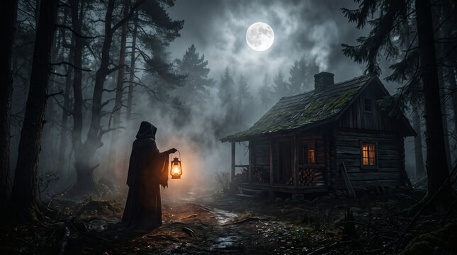 A spooky dark fantasy scene featuring a hooded figure holding a glowing lantern outside a rustic wooden cabin in a misty enchanted forest under a full moon night sky