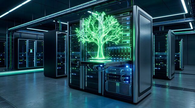 Glowing digital tree hologram emerging from modern server rack hardware