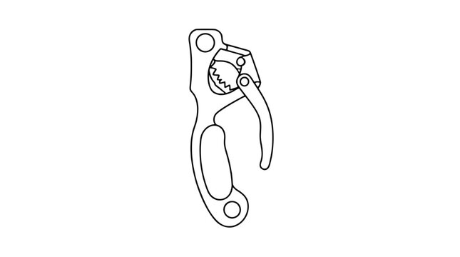 Hand-drawn vector line icon of a climbing ascender device with cam teeth lever mechanism, minimalist outline illustration for mountaineering equipment design, rock climbing gear symbol on white