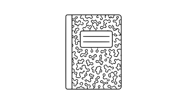 Hand-drawn composition notebook icon with classic marbled black and white cover design, featuring rectangular label area and traditional binding style, perfect for school supplies and stationery