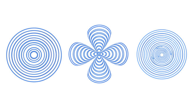 Triptych of blue concentric circles with a four-lobed central motif and geometric symmetry.