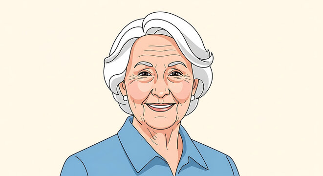 A friendly and smiling elderly woman with white hair illustrated in a clean cartoon style.