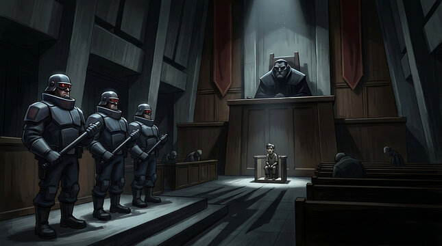 Dystopian courtroom scene with armored guards standing before a judge and a defendant.