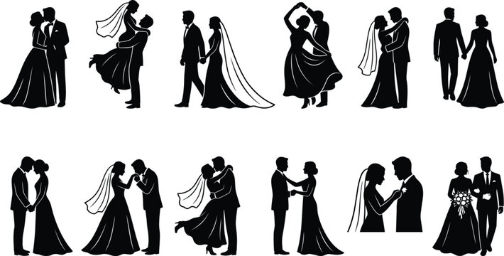 Romantic wedding couple silhouette vector set featuring bride and groom characters kissing dancing holding hands and exchanging rings for marriage invitation designs