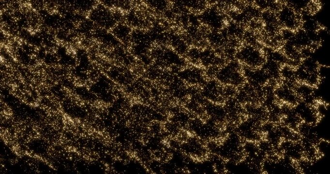 Glittering gold particle trails flying from noise form in black background. Sparkling light streaks glow dust effect. 4K 3D rendering loop animation.