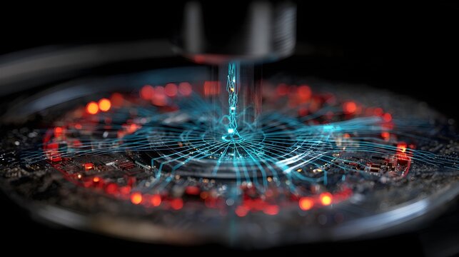 Cyan Light Beam Injecting Data into Circular Photonic Plasmonic Monolithic Sensor Hub Wafer with Red Glowing Nodes