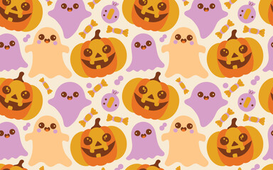 Obraz premium Cute halloween seamless pattern with ghosts pumpkins and sweets