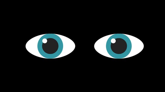 Vibrant cartoon eyes with teal irises curiously observing from the darkness, peeking sideways with a sense of wonder.
