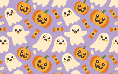 Obraz premium Halloween seamless pattern with pumpkins and white ghosts on light purple