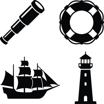 Black silhouette nautical vector icon set featuring vintage sailing ship lighthouse lifebuoy and spyglass telescope
