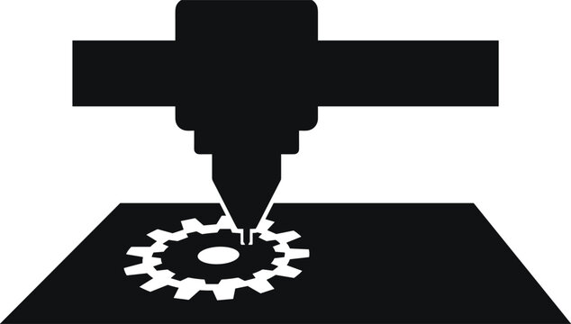 Black silhouette of a CNC laser cutting machine fabricating a gear vector illustration for industrial manufacturing