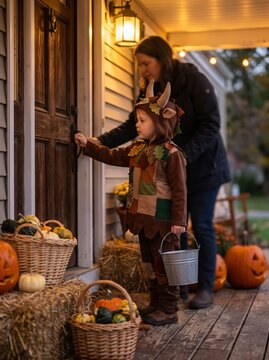 A child in a faun costume trick-or-treating with an adult on a festive autumn porch.