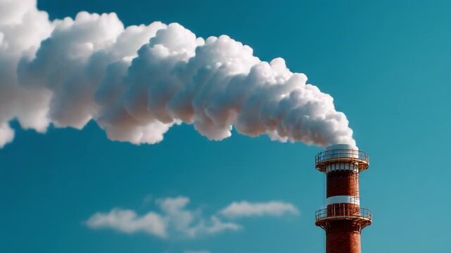 Industrial Emissions: A stark image of a smokestack billowing white smoke into a clear blue sky, symbolizing industrial pollution and its impact on the environment.