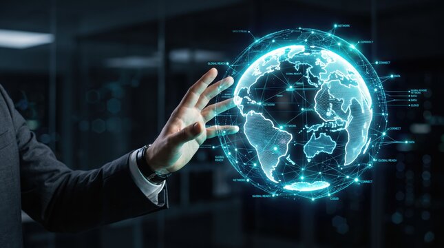 Businessman hand touching glowing digital globe hologram with network connections, futuristic technology interface representing global communication and data exchange
