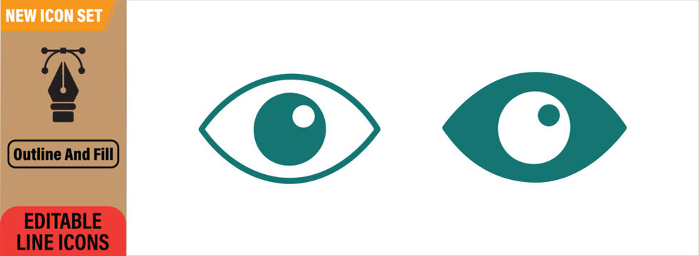 Minimalist eye icon collection featuring outline and solid styles for user interface design and web visibility settings.