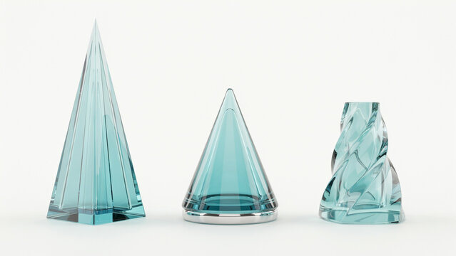 Three transparent blue glass sculptures with geometric pyramid and spiral shapes on white
