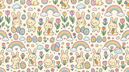 Naklejka premium Seamless pattern with kawaii bunnies and Easter eggs on a cream background