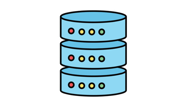 Bright blue three tier database server tower cartoon icon with small green, yellow, and red indicator lights.
