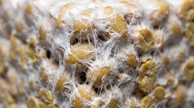 Close up view of fermented tempeh in white mycelium, traditional food ingredient for healthy diet.