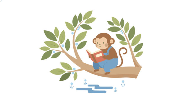 Cute cartoon baby monkey wearing blue overalls sitting on a leafy tree branch and reading an open book happily.