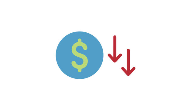 Financial loss icon featuring a blue dollar coin next to two red downward trend arrows on a clean white background.
