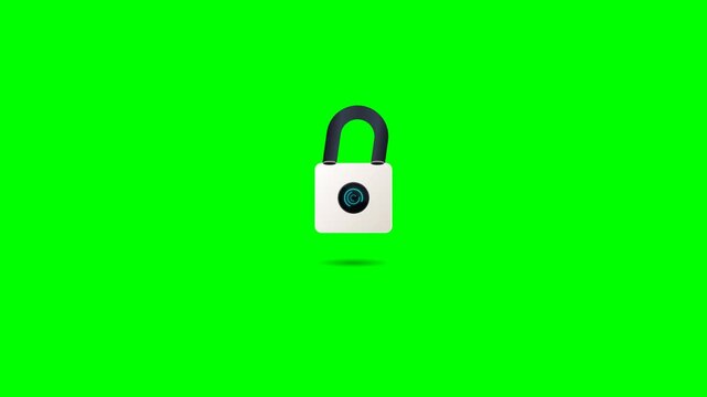 High-end modern 3D animation showing seamless endpoint security transition. A sleek biometric padlock snaps locked with haptic feedback, transitioning into a modern titanium laptop opening its screen