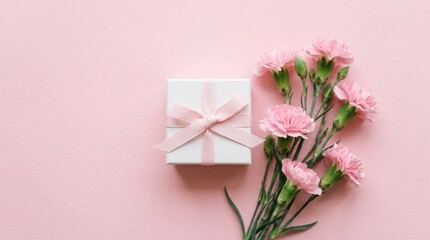 Obraz premium A small white gift box tied with a light pink ribbon next to a bouquet of fresh pink carnations on a solid pastel pink background surface