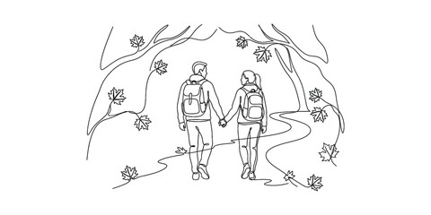 Obraz premium Couple hiking together in a forest with autumn leaves isolated on white background.