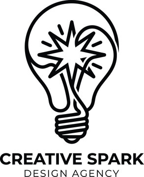 Creative spark light bulb logo with explosive idea symbol and agency typography, minimalist black design representing innovation, creativity and inspiration
