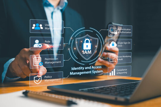 Identity and access management system with user, role and permission management, authentication, single sign-on, access monitoring and compliance for enterprise cybersecurity and data protection.