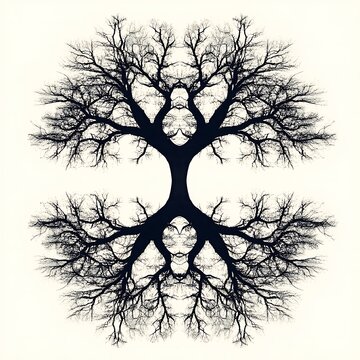 Symmetrical Winter Tree Silhouette: A striking, symmetrical silhouette of a bare winter tree, its intricate branches resembling a fractal pattern, creates a visually captivating abstract design.