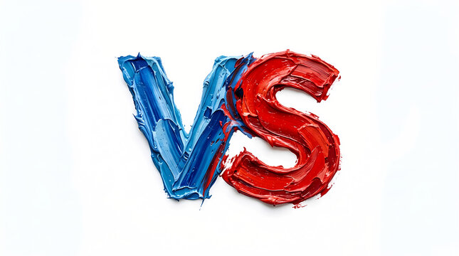 Red versus blue paint strokes in a fight symbolizing competition and opposition against a white background