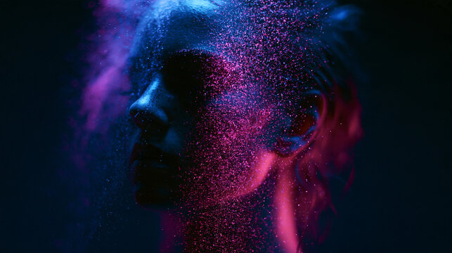 Portrait of a Dissolving Mind: A profile of a person's face fades into a cloud of luminous dust particles, illuminated by vibrant neon blues and purples.