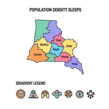 Abstract population density map illustration with color-coded territorial regions including Mattica, Gren, and Comen, featuring a graphic icon legend for data visualization.