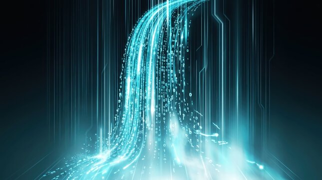 Abstract visualization of big data stream flowing like waterfall with binary code digits representing information transfer, cybersecurity, and cloud technology.