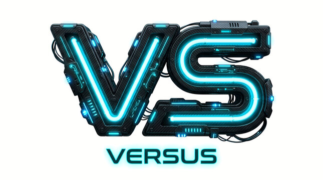 Futuristic cyberpunk VS text logo with glowing neon blue lights and mechanical details isolated