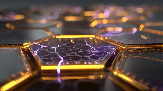 Organic Thermoelectric Generator TEG Waste Heat Recovery Semiconductor Chassis Grid with Glowing Hexagonal Cells and Purple Energy Veins