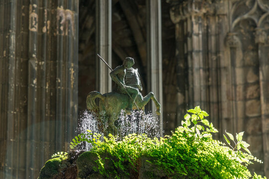 Spain, Barcelona.  Detail of a fountain in the cloister of the Barcelona Cathedral, a work of Catalan Gothic architecture.