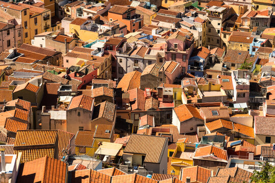 Italy, Sardinia, Bosa.  Looking down on terracotta rooftops from the Castle of Serravalle.