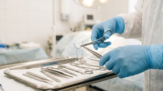 Surgeon hands preparing sterile surgical instruments and suture needle in operating room, medical professional wearing blue gloves handling tools for surgery procedure