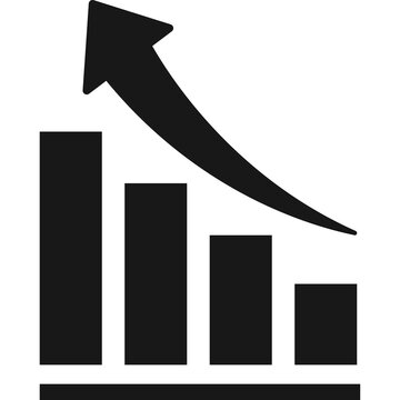 Bar chart with declining bars and rising trend arrow icon, black vector symbol for business loss, economic downturn, and negative financial performance