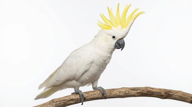 Sulphur crested cockatoo standing on a wooden branch with white parrot yellow crest exotic bird pet bird tropical bird perched feathered animal wild bird white plumage majestic bird
