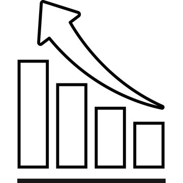 Bar chart outline with declining bars and rising trend arrow icon, black line art vector symbol for economic downturn, business loss, and financial decline