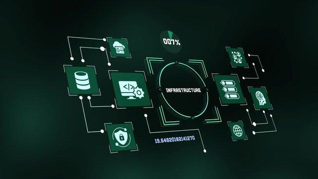 Modern IT infrastructure network and cloud server system display featuring futuristic HUD elements